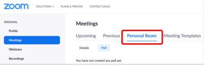 Skærmbillede med Zoom til trin 1, hvor venstremenuen er vist med aktiveret knap for "Meetings". Under "Meetings" er menuen "Personal Room" åbnet. 