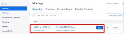 Skærmbillede med Zoom med "Meetings" menuen åben og en fremhævning af et Zoom-møde og start-knappen, som skal trykkes på for at starte mødet. 