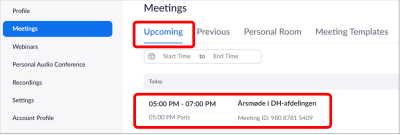 Skærmbillede med Zoom, hvor der under "Meetings" er klikket på menuen "Upcoming", som viser de kommende møder. Her er der som et eksempel vist et kommende møde med titlen "Årsmøde i DH-afdelingen". 