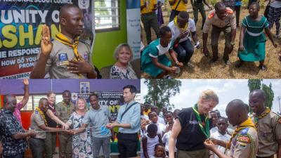 Fire billeder sat sammen fra officiel lancering af projektet "Alle børn fortjener en ven" i Ghana