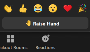 Udsnit af skærmbillede med Zoom knappen Reactions. Knappen er trykket på og viser de reaktioner, der kan sendes. Der er markeret Raise Hand, som betyder at række hånden op.