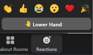 Udsnit af skærmbillede med Zoom knappen Reactions. Knappen er trykket på og viser de reaktioner, der kan sendes. Der er markeret Lower Hand, som betyder at tage hånden ned.