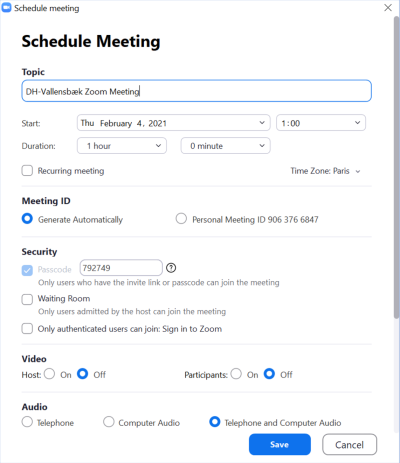 Skærmbillede der viser mødeoprettelse via Zoom appen. Her er der felter til udfyldelse om blandt andet mødets titel, dato, starttidspunkt og mødets varighed.