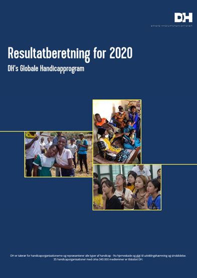 På forsiden ses teksten "Resultatberetning for 2020 - DH's Globale Handicapprogram". Nedenfor ses tre billeder med glade personer