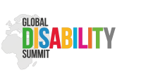 Logoet for Global Disability Summit med disse tre ord på en baggrund af et landkort over Europa og Afrika, og hvor ordet 'Disability' er fremhævet og skrevet med bogstaver i forskellige farver.