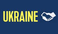 Ukraine - gul tekst med hjælpende-hånd-ikon