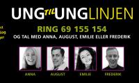 Teksten "Ungtilunglinjen Ring 69 155 154 og tal med Anna, August, Emilie eller Frederik" og billeder af de fire samtalepartnere
